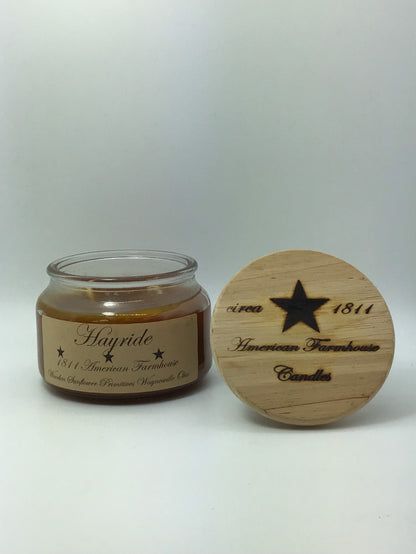 Hayride Highly Scented Candle/Apothecary Jar 10 oz/Paraffin Wax/Farmhouse Candle/Hand Poured Candle/Country Primitive Candle